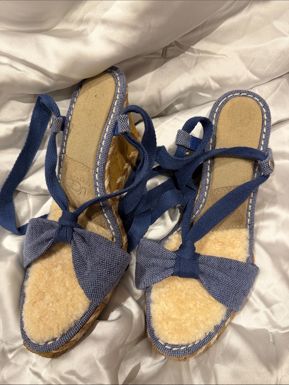 UGG Blue Canvas Bow Espadrille Wedge Sandals with Shearling Inset